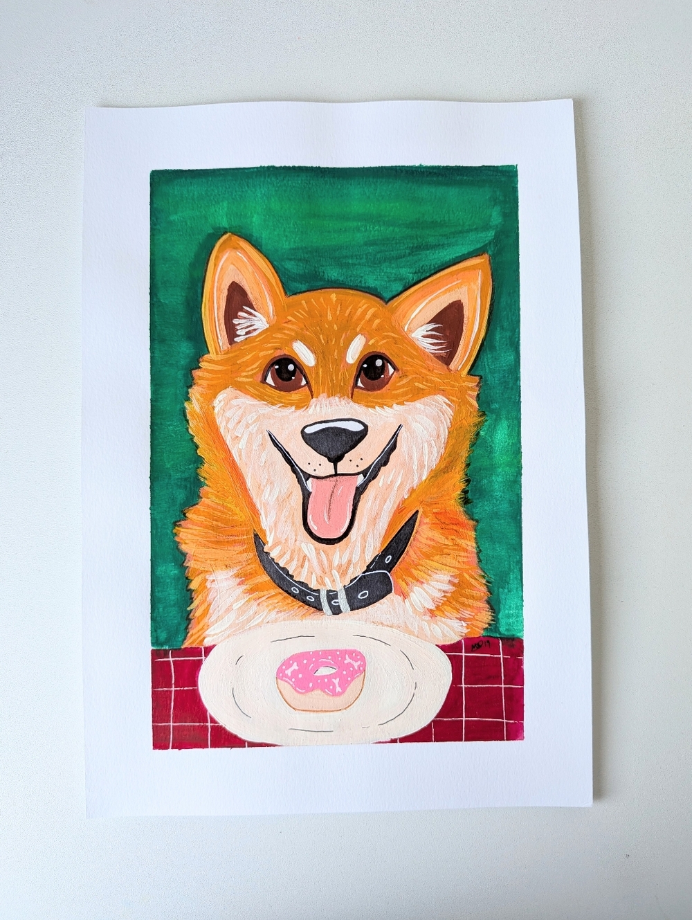 Original Shiba Inu with Donut Pet Portrait 7×10 Gouache Painting By Mattoodles